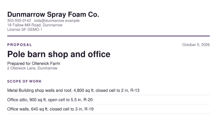 The top of the proposal: Dunmarrow Spray Foam Co., Proposal, Pole barn shop and office, prepared for Ollerwick Farm, scope of work by zone