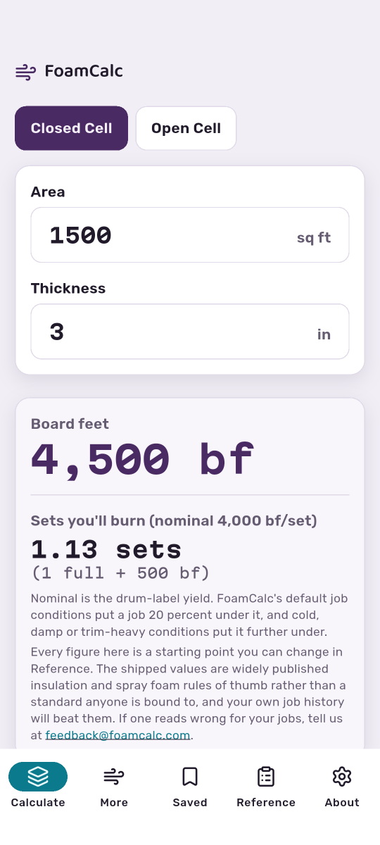 The free board-foot calculator: 1,500 sq ft at 3 in is 4,500 board feet, 1.13 sets at the nominal 4,000 bf per set