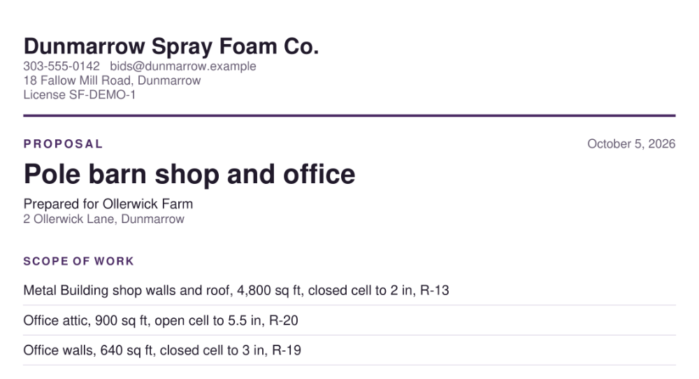 The proposal FoamCalc writes: Dunmarrow Spray Foam Co., a pole barn shop and office for Ollerwick Farm, three zones with R-values